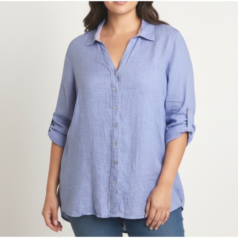 RACHEL ZOE Light Blue Chambray LINEN BUTTON-UP SHIRT TOP Roll Tab Lagenlook 2X